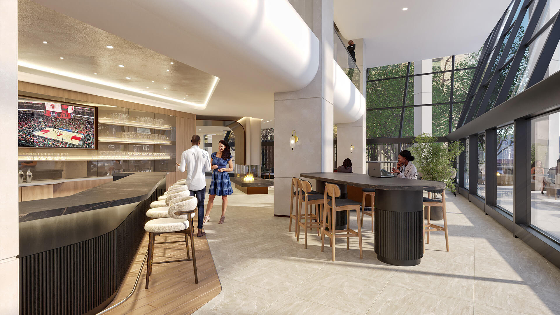 new tenant lounge area with bar, high top tables and tvs