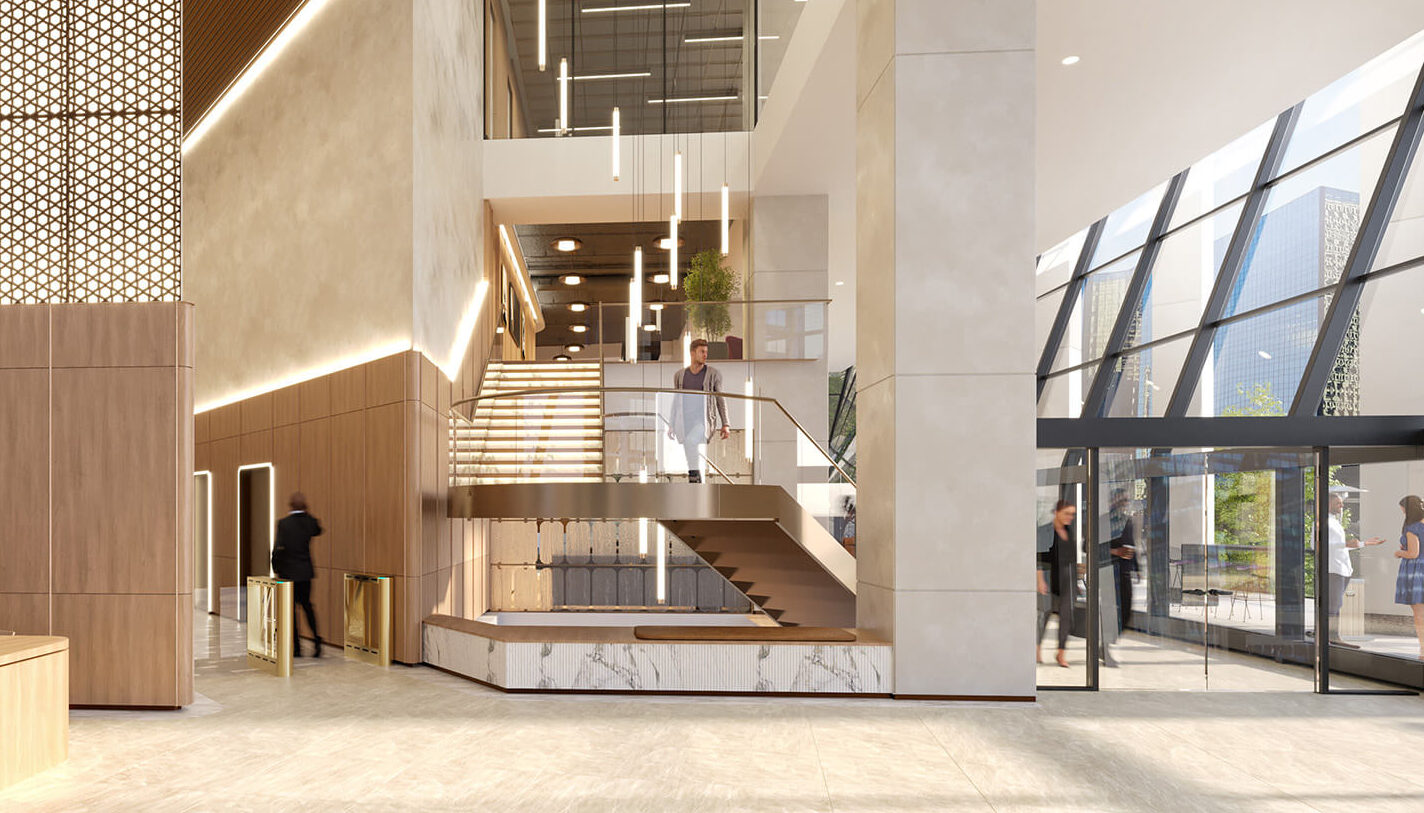 rendering of lobby staircase within 200 south wacker building