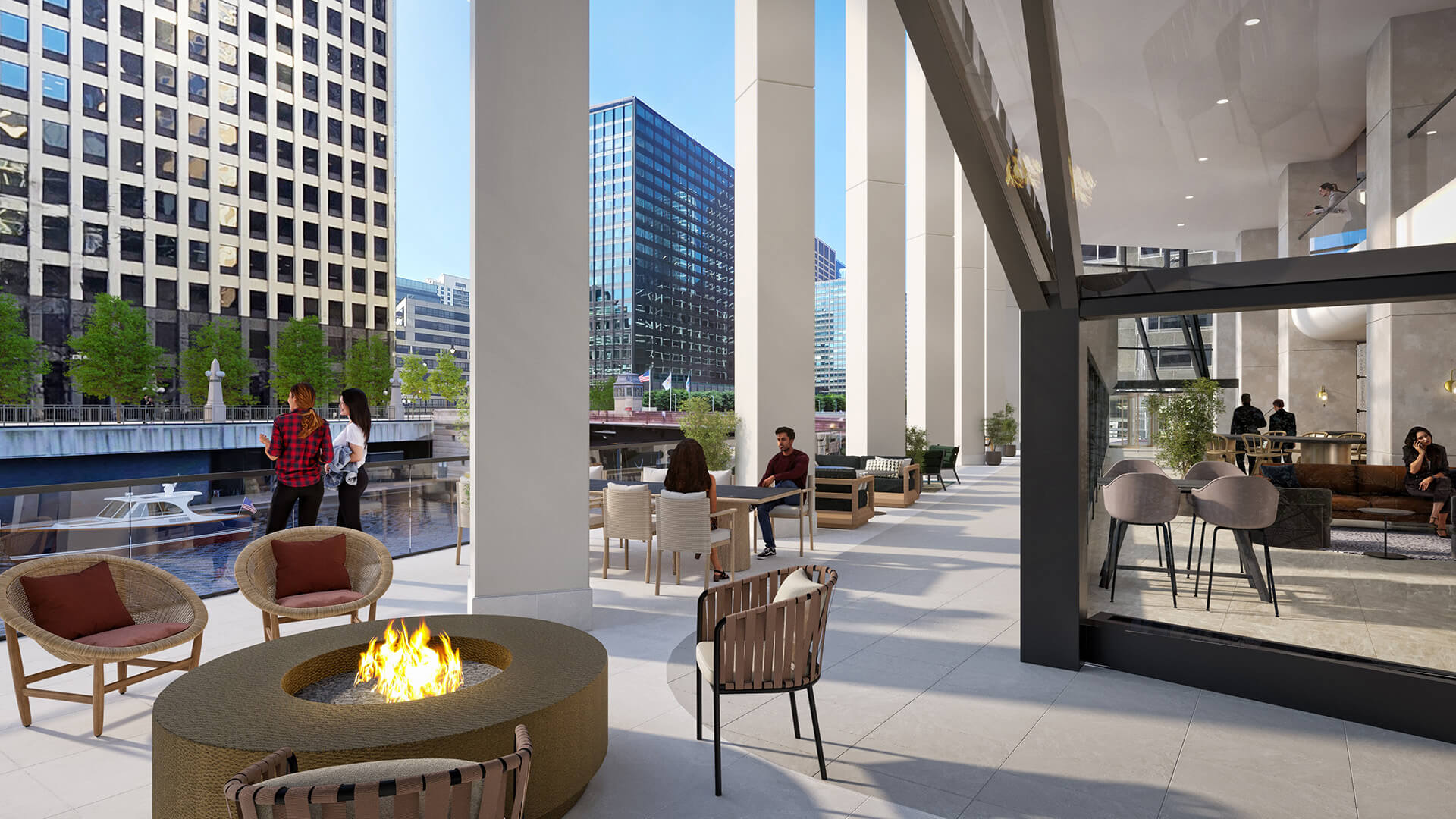 rendering of outdoor terrace with firepits and view of chicago river